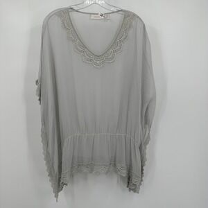 Chicos Womens‎ Ponch Top Size 2 US L Lace Trim Sheer Lightweight Boho Gray